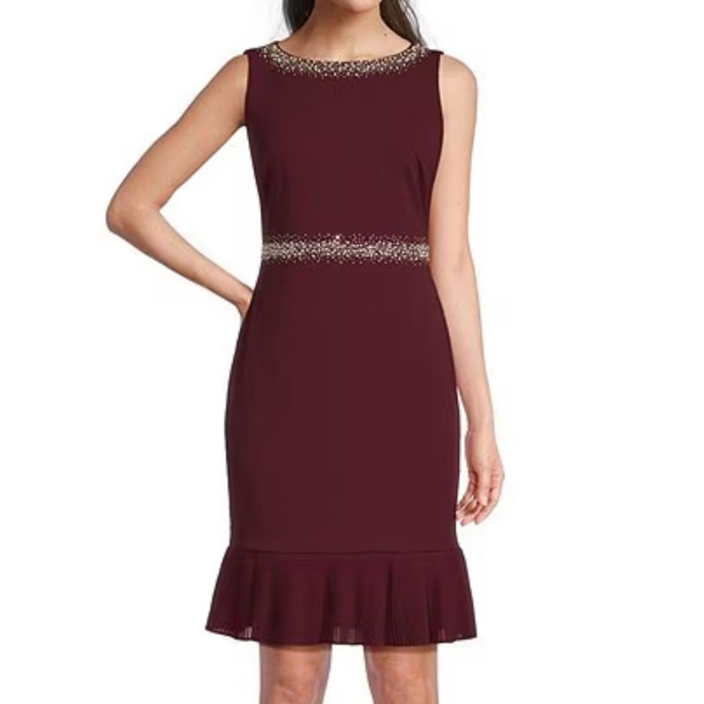 Karl Lagerfeld Red Embellished Ruffled Sheath Dress